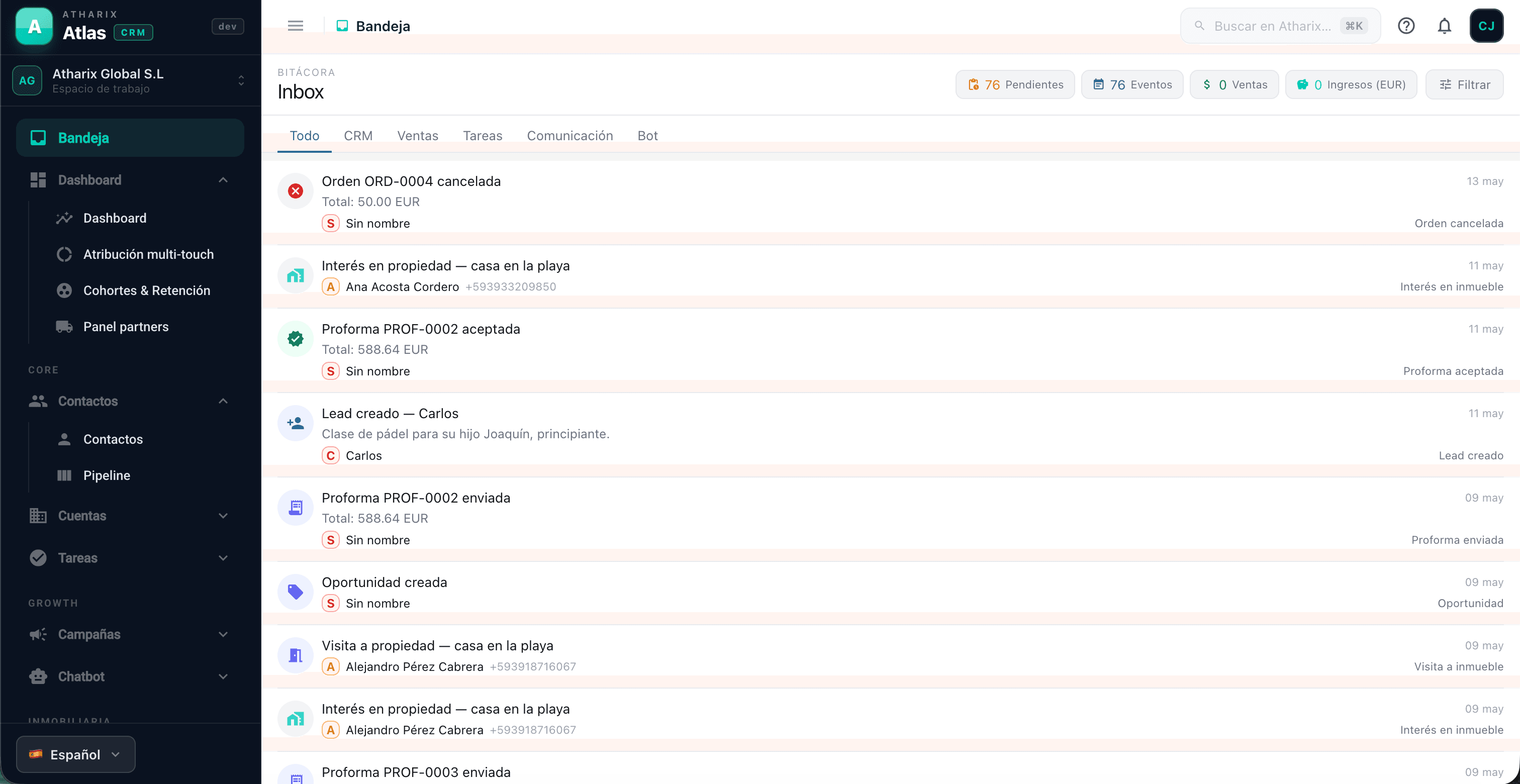 Bandeja unificada de Atlas con conversaciones, ventas y eventos del bot