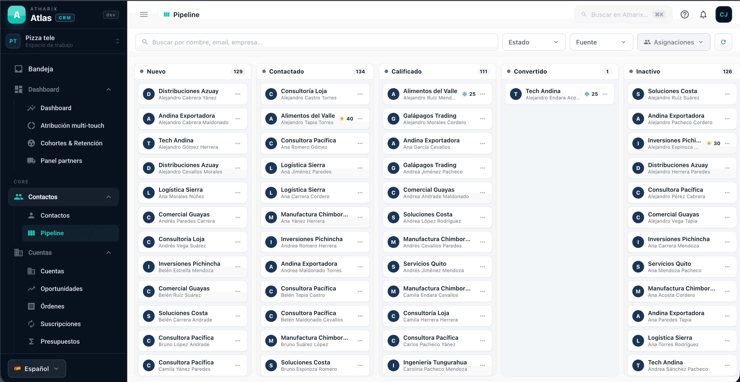 Pipeline visual de ventas de Atlas en tablero kanban por etapas