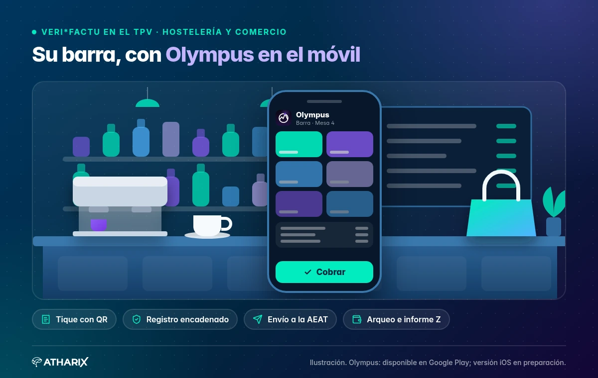 Ilustración de una barra con Olympus en el móvil: tique con QR, registro encadenado, envío a la AEAT y arqueo e informe Z. No es una captura real de la aplicación.