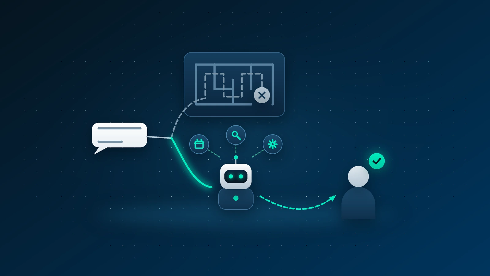 Ilustración: un esquema en una pantalla, un bocadillo de diálogo, un robot, una línea de puntos hasta una persona y un tic.