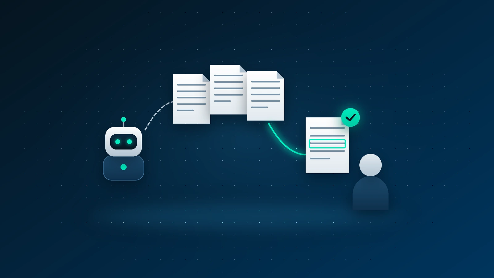 Ilustración: un robot, unos documentos con un tic y una persona.