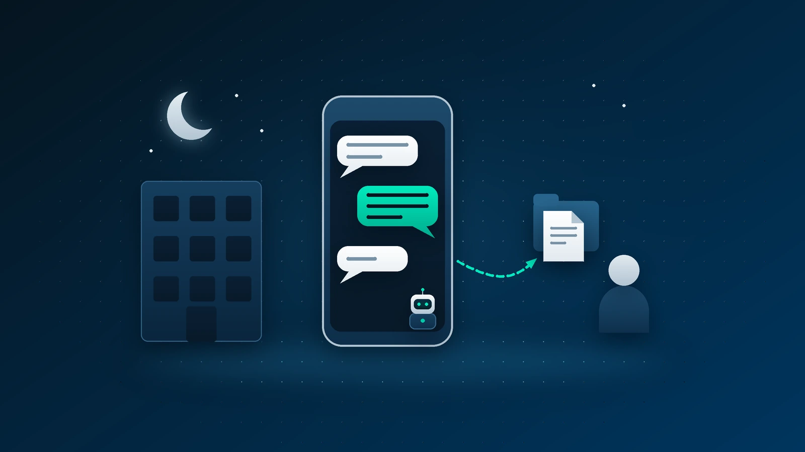 Ilustración: un edificio de noche, un teléfono con bocadillos de diálogo, una luna y una persona.