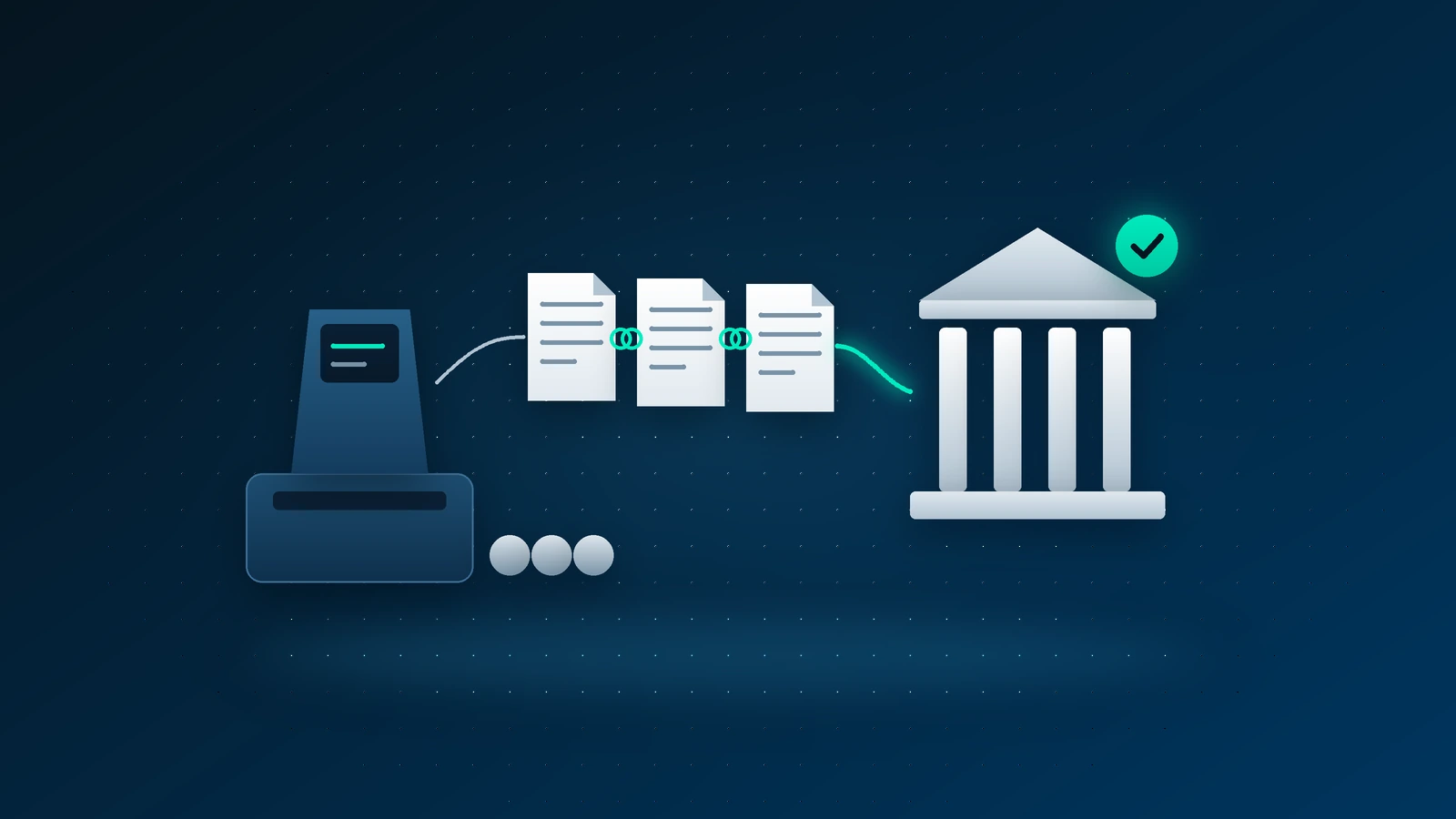 Ilustración: un datáfono, unos documentos y un edificio con columnas y un tic.