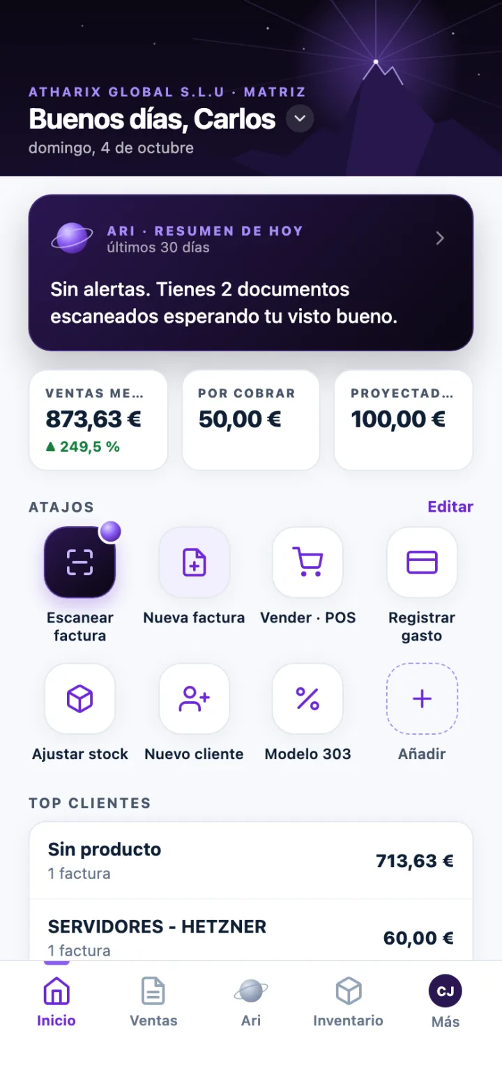Inicio de Olympus con el resumen de Ari y una rejilla de atajos personalizados