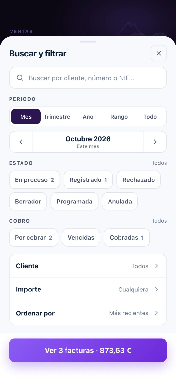 Hoja «Buscar y filtrar» de Olympus con periodo, estado, cobro, cliente e importe