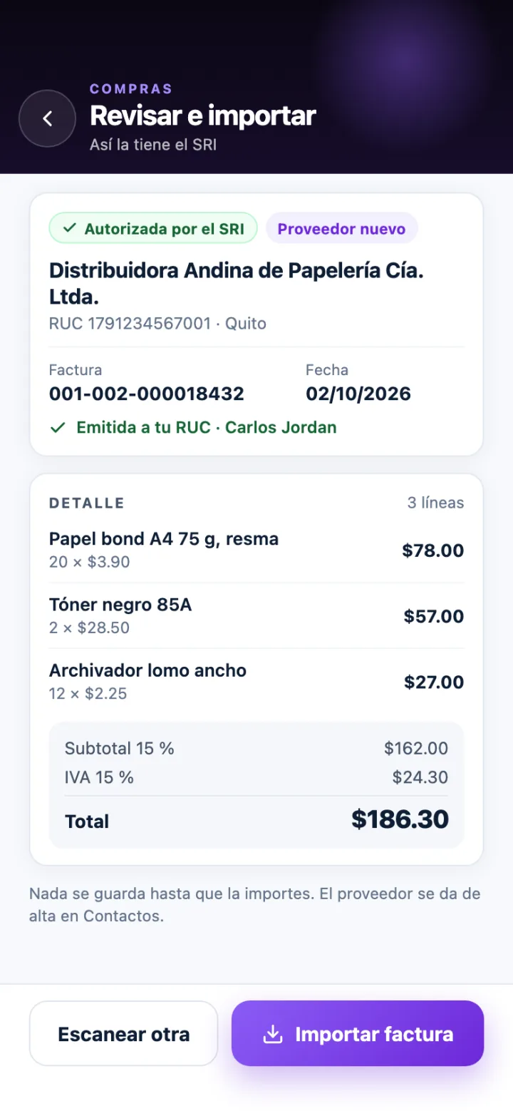 Factura de proveedor traída del SRI en Olympus tras escanear su código de barras, lista para importar