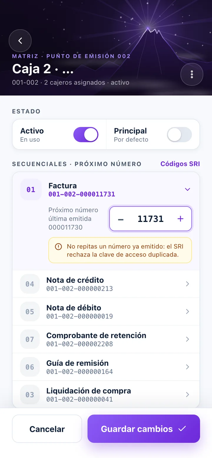 Configuración de un punto de emisión en Olympus con los secuenciales y los códigos del SRI por tipo de documento