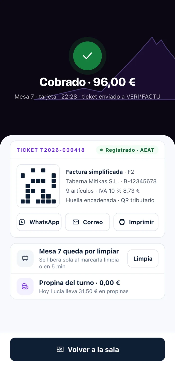 Confirmación de cobro de una mesa en Olympus con el ticket registrado en la AEAT y la mesa marcada por limpiar