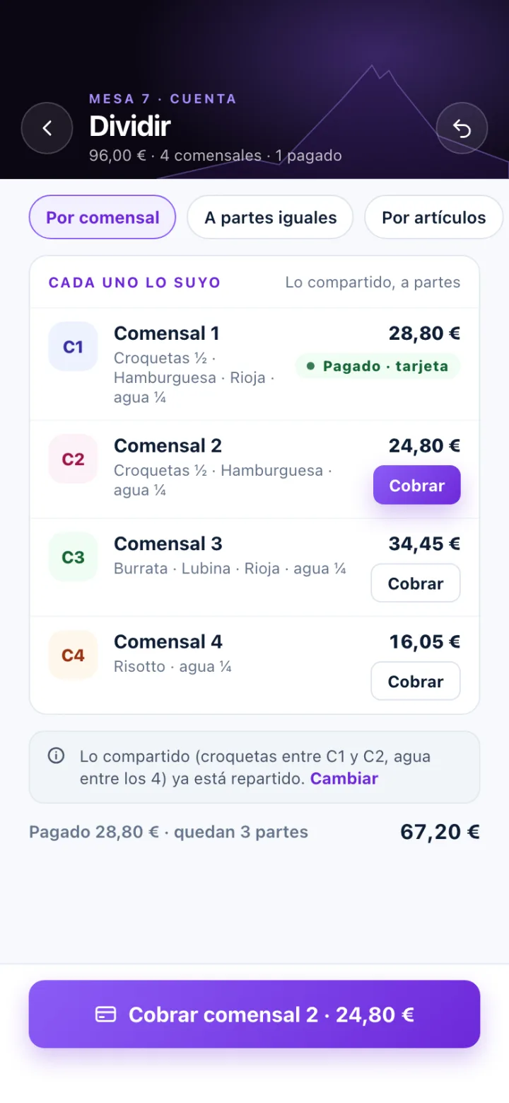 Pantalla de dividir la cuenta en Olympus por comensal, con una parte ya pagada y la siguiente lista para cobrar