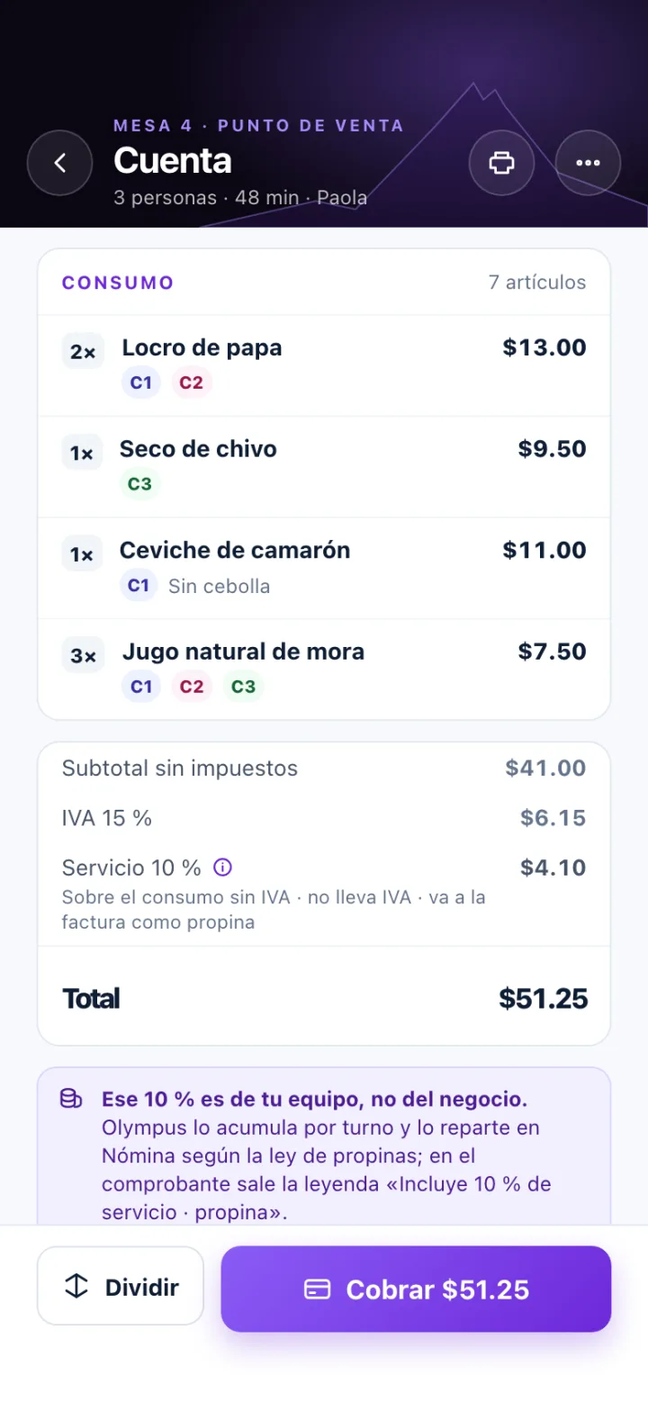Cuenta de una mesa en Olympus para Ecuador, con el 10 % de servicio separado del IVA