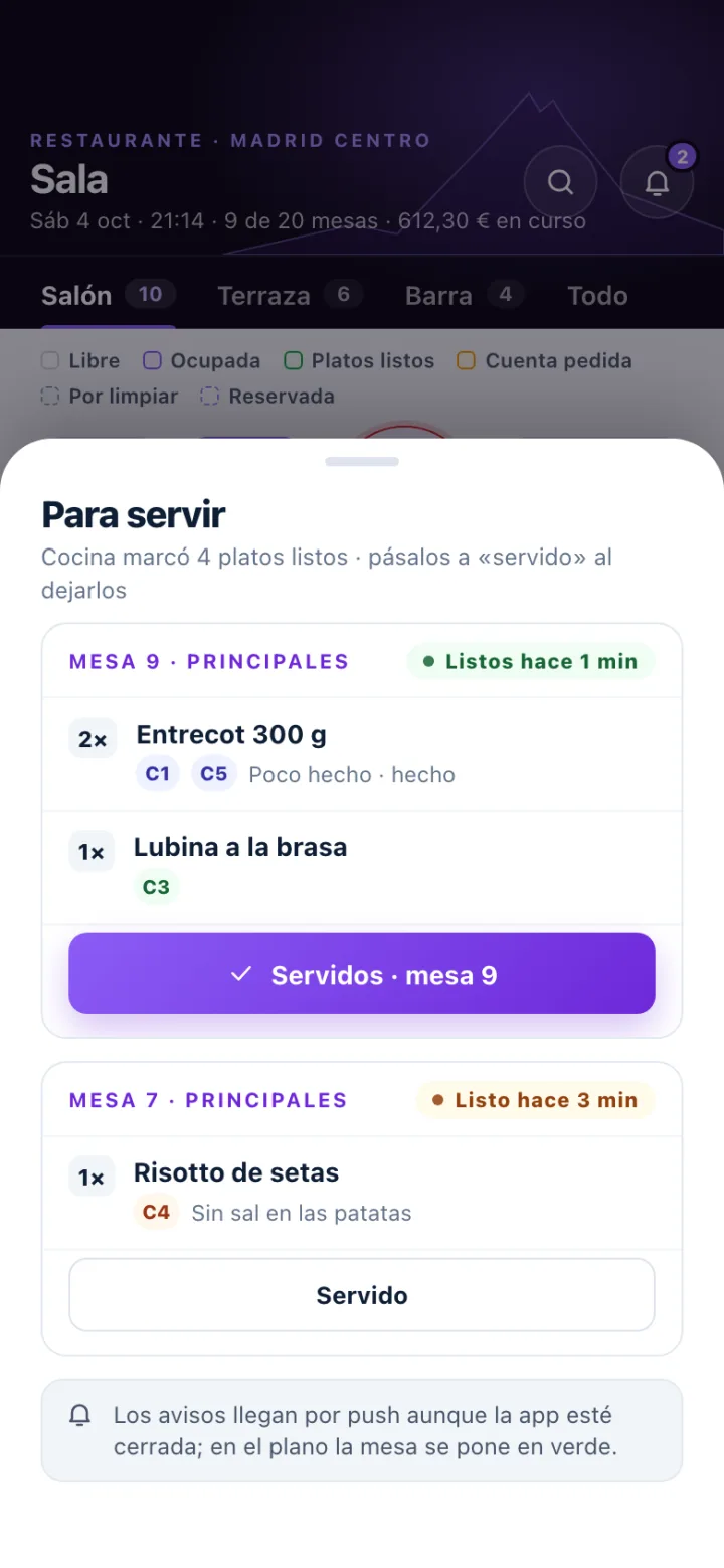 Hoja «Para servir» de Olympus con los platos que cocina ha marcado listos, agrupados por mesa