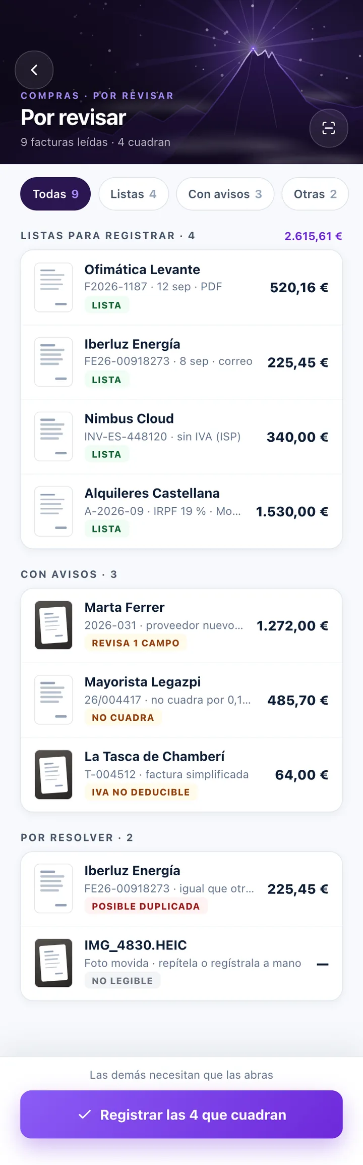 Bandeja de facturas por revisar en Olympus, agrupadas en listas para registrar, con avisos y por resolver