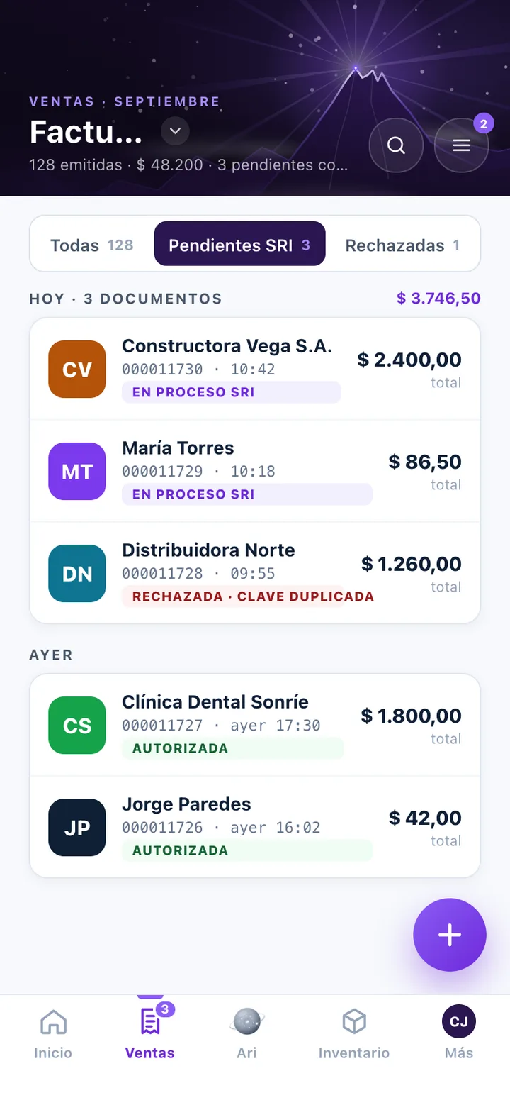 Listado de ventas de Olympus con el estado de cada comprobante en el SRI: autorizada, en proceso y rechazada con su motivo